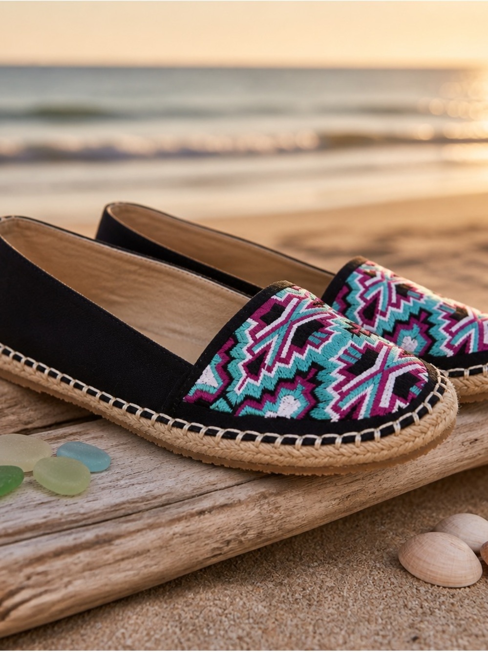 Rock & Candy Black Espadrille Slip-Ons with Pink & Teal Embroidered Pattern - Picture 3 of 9